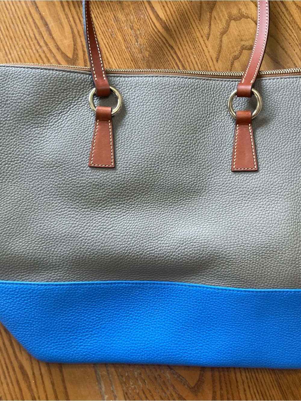 Dooney & Bourke Gray and Bright Blue Pebble Leather Tote with Brown Handles - Picture 6 of 10